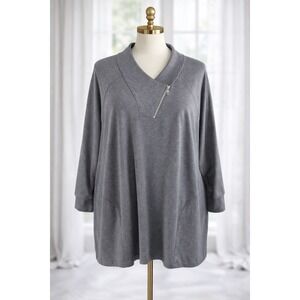 SUSAN GRAVER Weekend 3x Heathered Brushed Knit Pullover Top Pockets Gray A373705